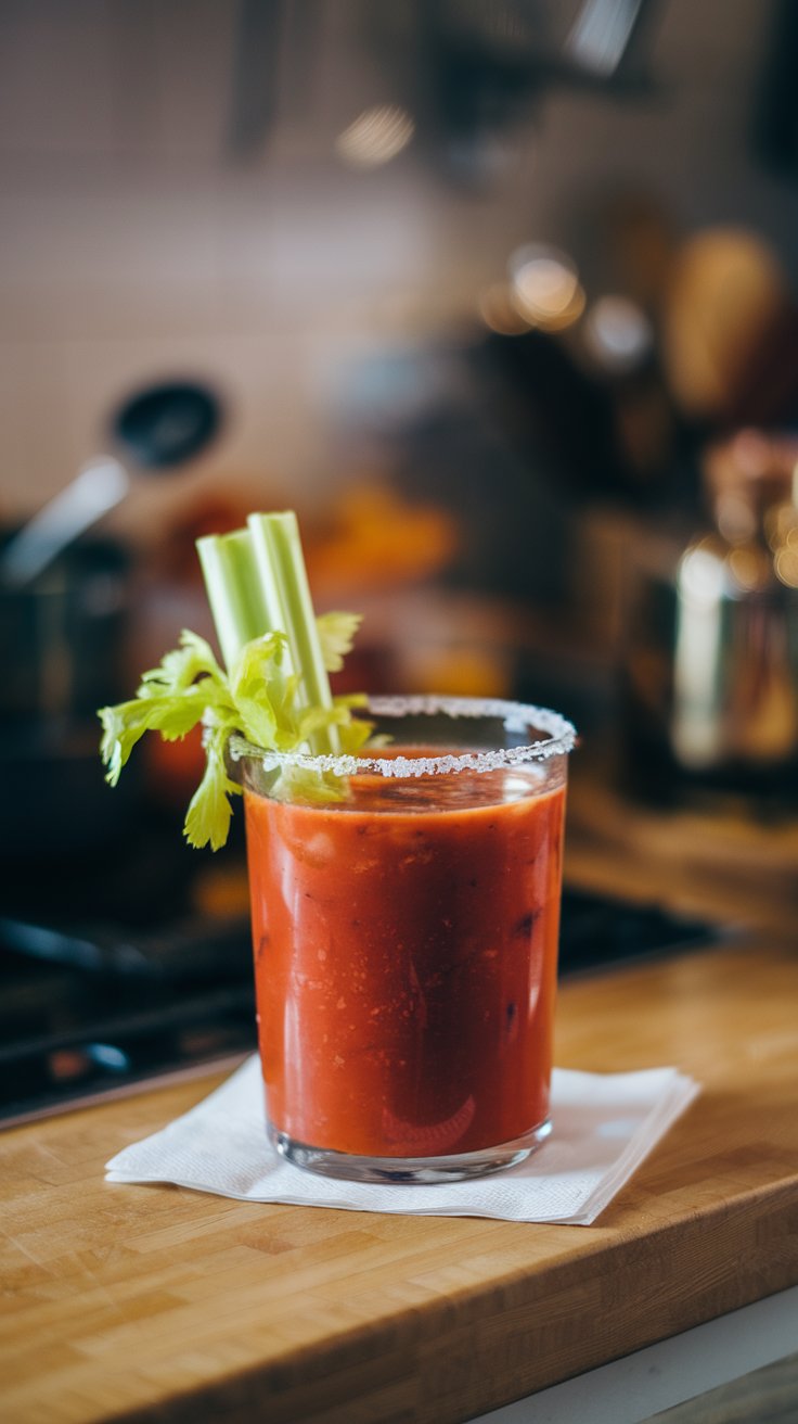 Bloody Mary cocktail with celery stick garnish in a glass with a salt rim on a wooden counter.