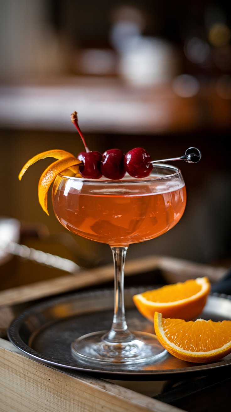 Manhattan cocktail with citrus and cherry garnishes sitting on a serving tray.