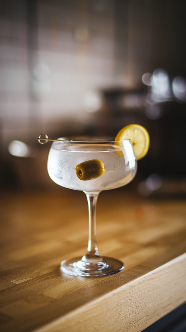 Martini cocktail with citrus garnish sitting on a wooden counter.