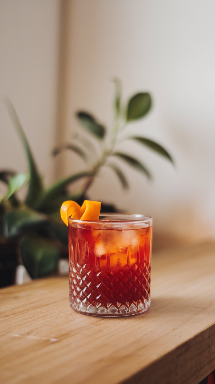 Vibrant Negroni cocktail with orange twist garnish sitting on a wooden counter.