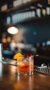 Vibrant Old Fashioned cocktail with citrus and cherry garnishes sitting on a wooden counter.