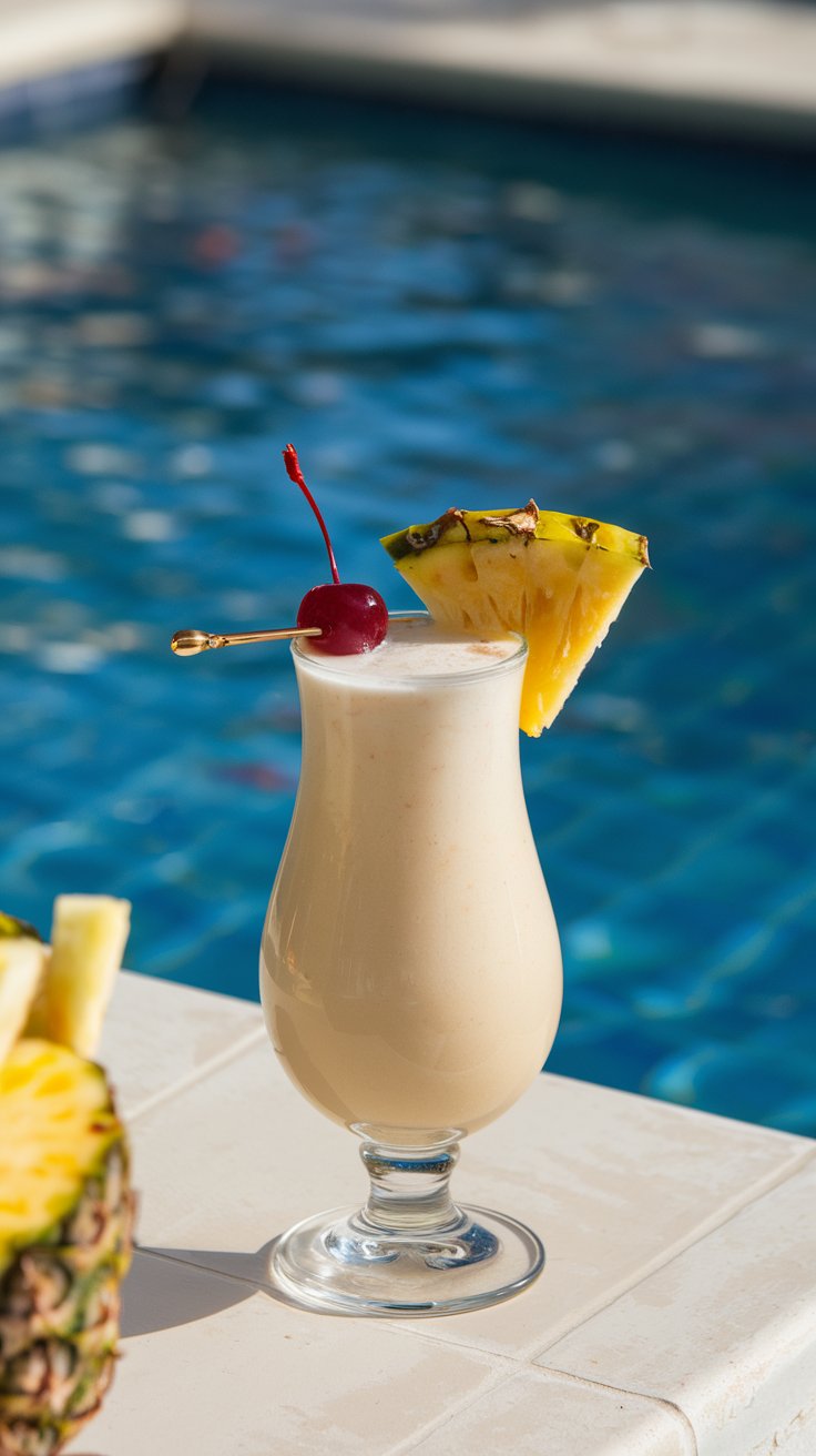Frozen Piña Colada cocktail with pineapple and cherry garnishes sitting next to a pool