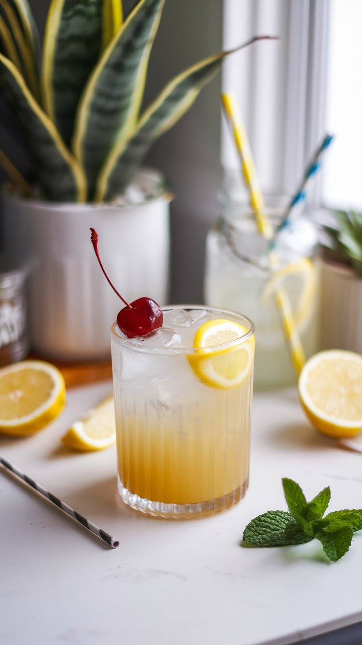 Delicious Tom Collins cocktail with citrus and cherry garnishes sitting on a counter.