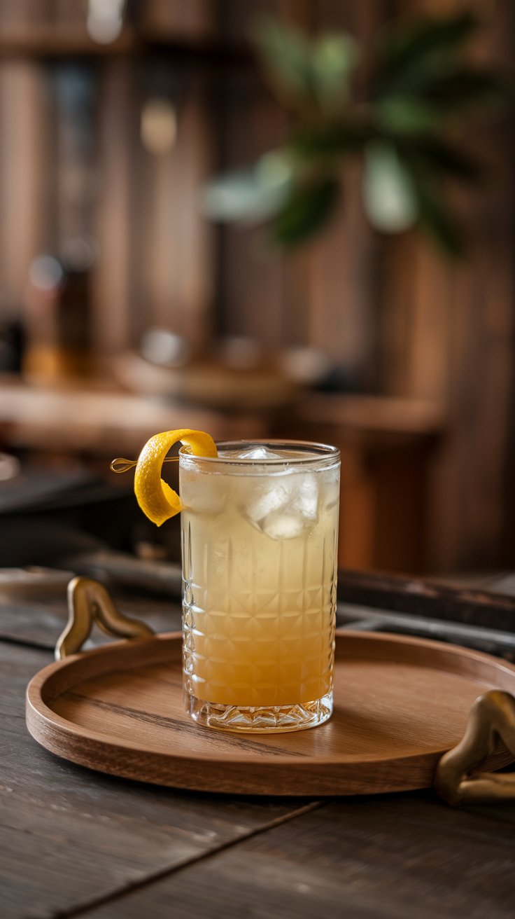 Whiskey Sour cocktail with orange twist garnish sitting on a wooden serving tray.