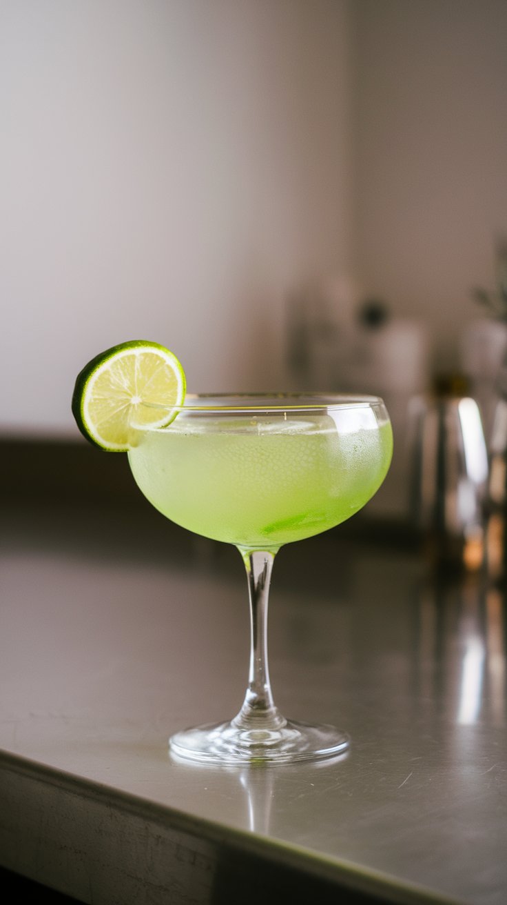 Delicious Gimlet cocktail with lime wedge garnish sitting on a counter.