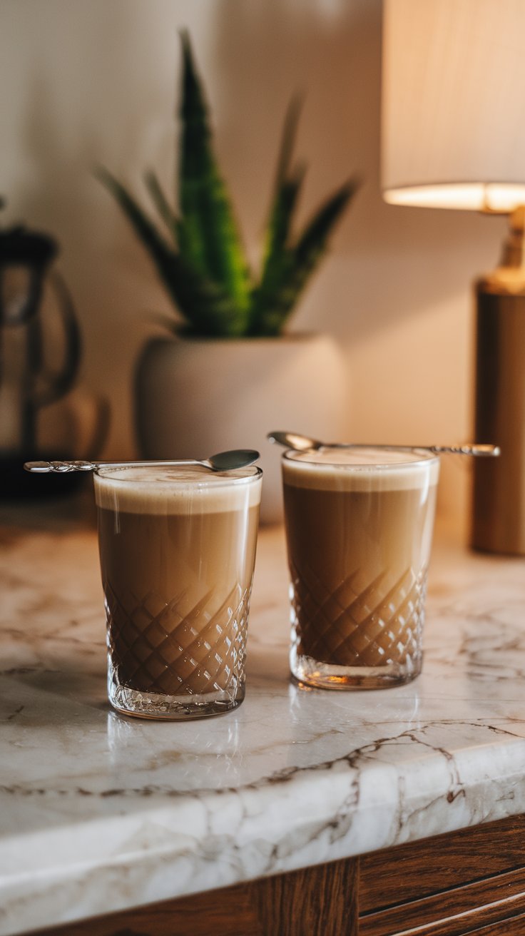 Irish Coffee cocktails sitting on a marble countertop.