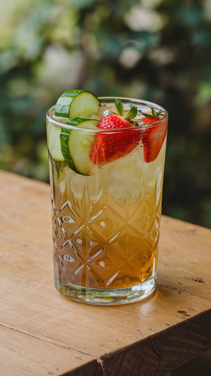Refreshing Pimm's Cup cocktail sitting on a table.