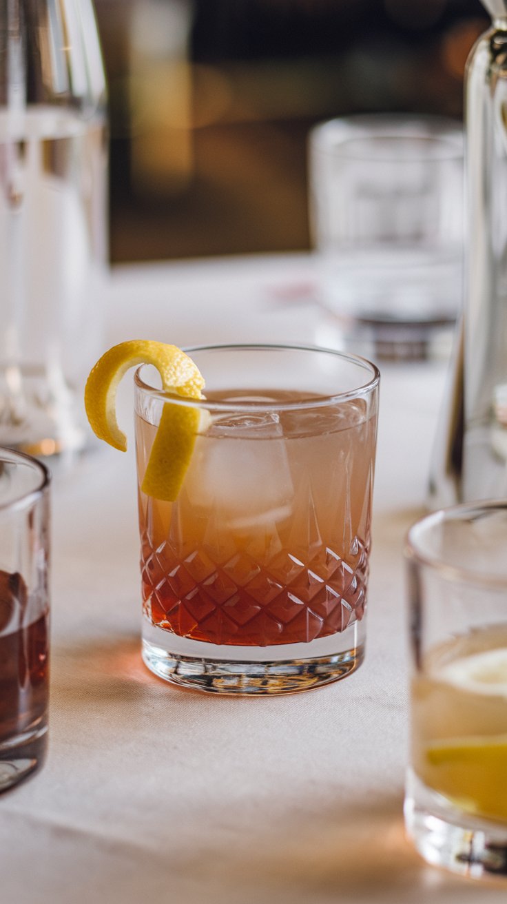 Classic Sazerac cocktail with a lemon twist garnish sitting on a table.