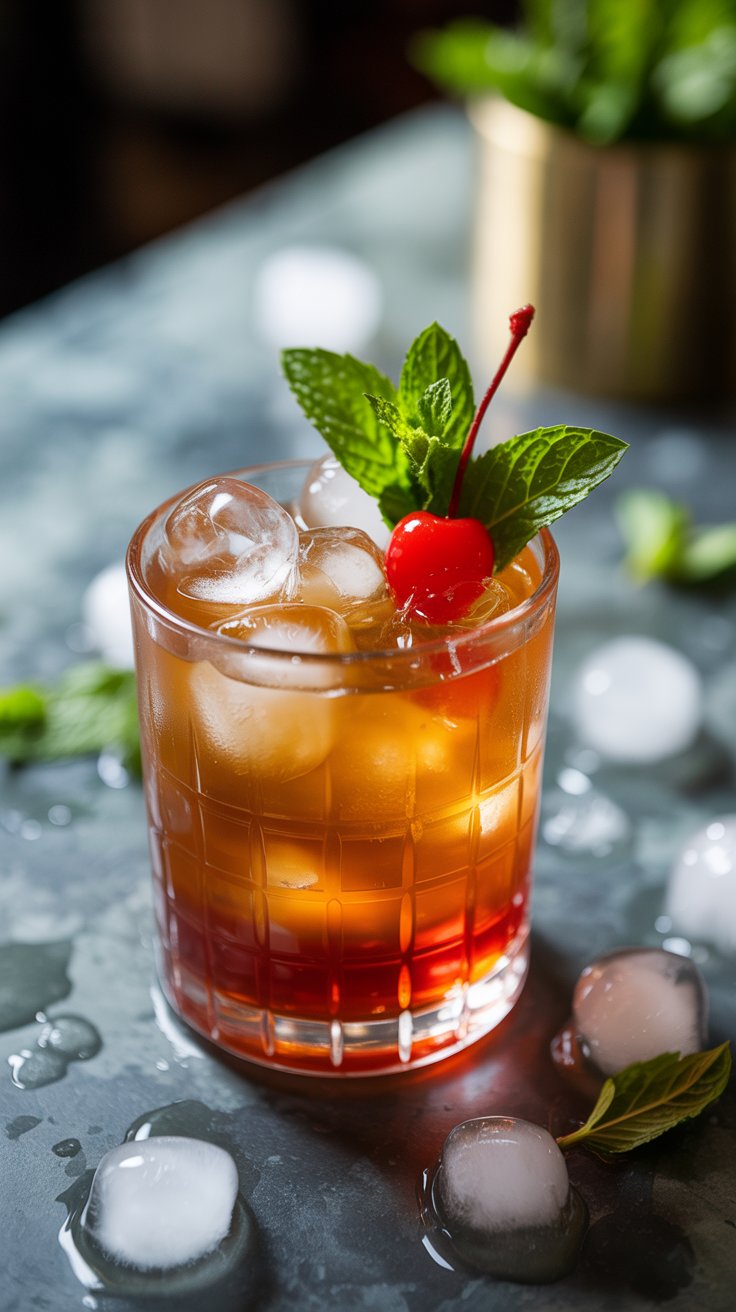 A Mai Tai cocktail in a textured glass with ice, garnished with a cherry and mint, on a dark surface with limes, mint leaves, and bar tools in the background.