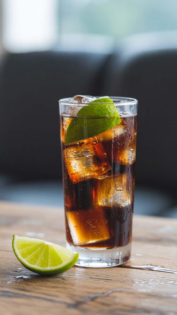 A close-up of a Cuba Libre cocktail in a tall glass filled with ice and lime wedge, sitting on a dark wooden surface with another lime wedge in the foreground and a blurred dark background.