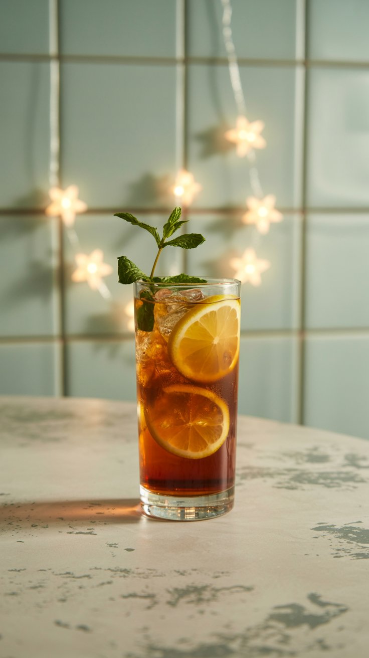 A Long Island Iced Tea cocktail with lemon and mint garnish sit on a counter, with a tiled wall and star-shaped string lights in the background.
