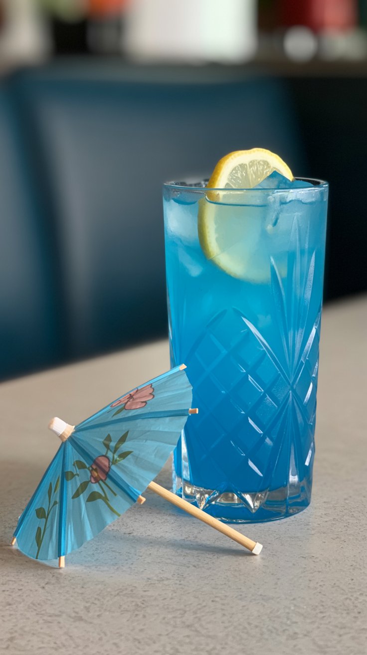 A bright blue Electric Lemonade cocktail in a cut glass highball, garnished with a lemon slice, with a blue paper umbrella nearby, on a light textured booth table.