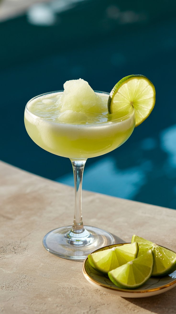A frosty Frozen Daiquiri cocktail in a coupe glass, garnished with a lime wheel, sitting on a light-colored surface next to lime slices in a bowl, with a blurred poolside setting in the background.