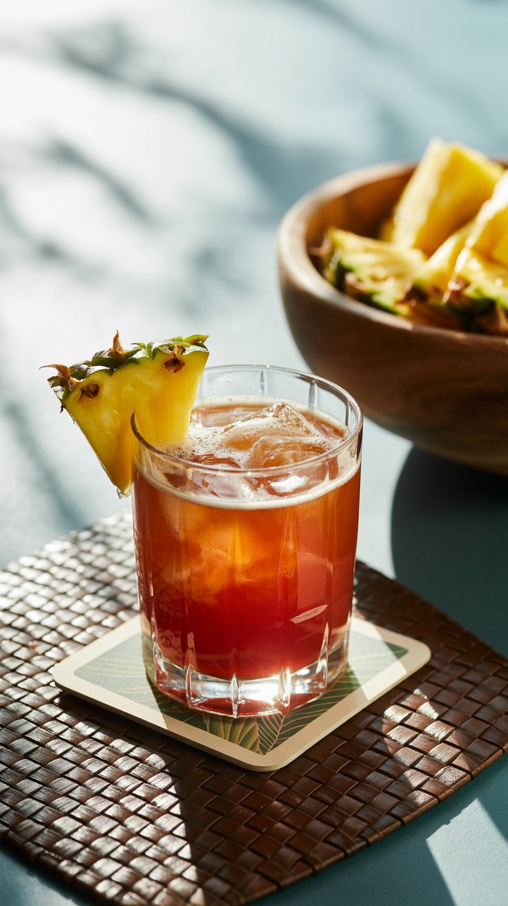 A reddish-orange Jungle Bird cocktail in a rocks glass, garnished with a pineapple wedge. The cocktail sits on a coaster on top of a woven mat, with a bowl of pineapple in the blurred background.