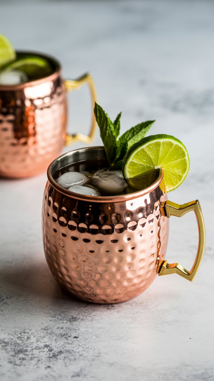 A close-up of a Moscow Mule in a hammered copper mug filled with ice, garnished with a lime wheel and fresh mint, sits on a gray surface with another blurred mug in the background.