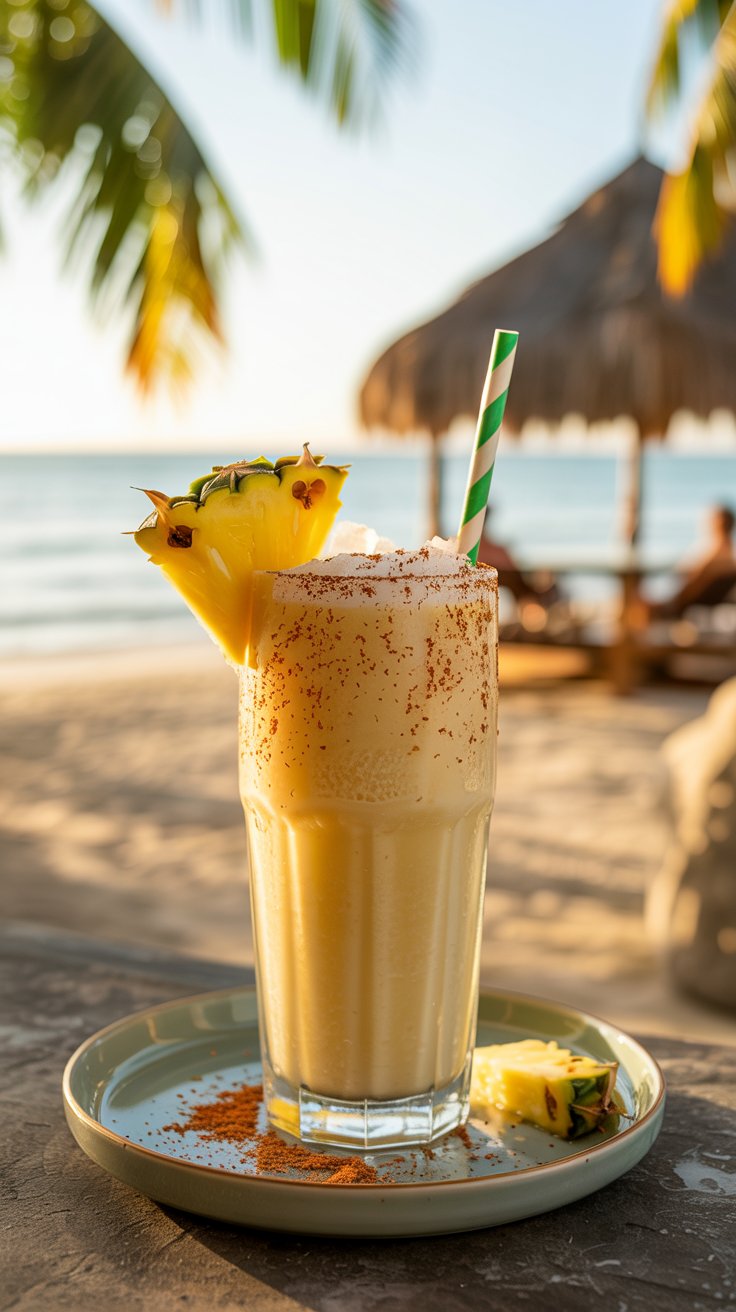 A tall, creamy yellow Painkiller cocktail in a glass topped with nutmeg and a pineapple wedge, with a striped straw, sits on a gray plate on a wooden beach bar surface, against a tropical background with palm trees.