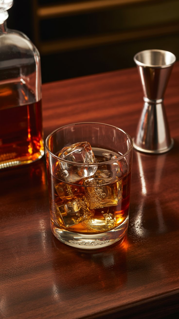 A clear glass of Scotch and Soda with ice sits on a wooden surface, with a whisky decanter and a jigger in the blurred background.