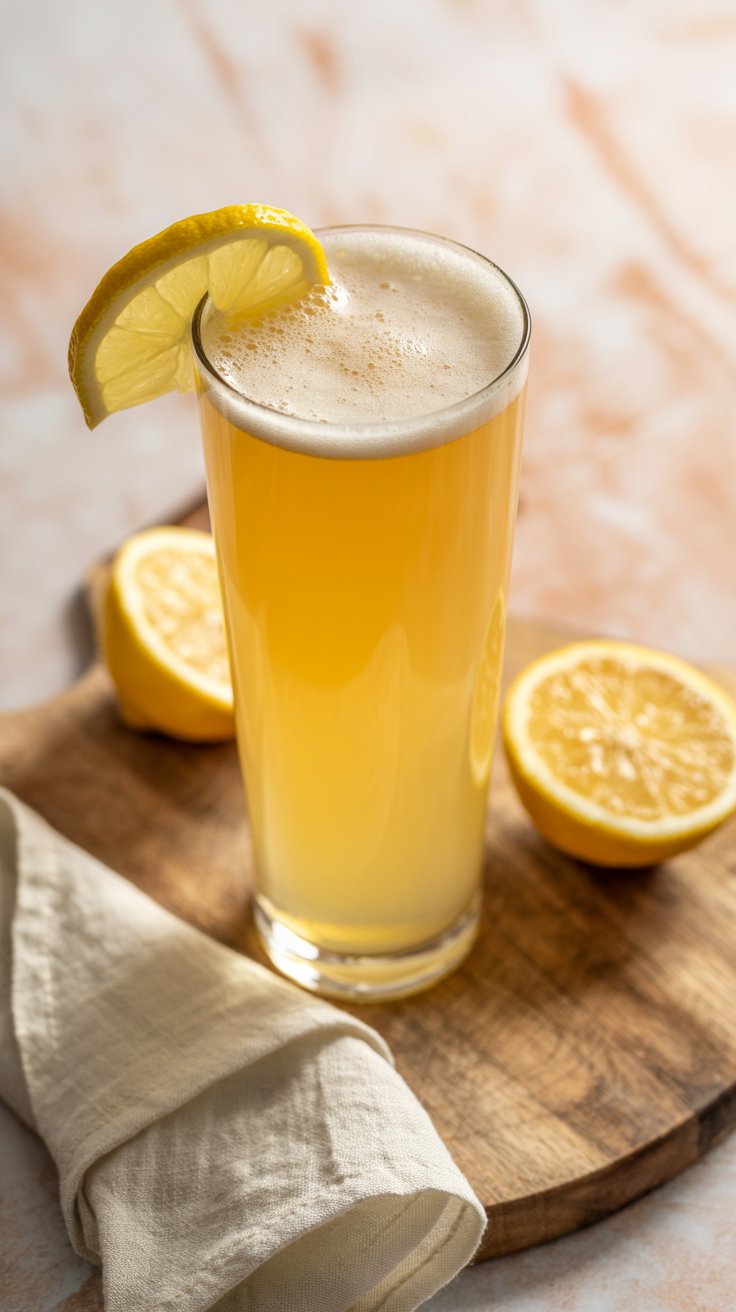 A close-up shot features a bright yellow shandy cocktail in a tall pilsner glass, topped with a white frothy head and garnished with a lemon slice on the rim. Two lemon halves rest on a wooden surface beside the glass, with a soft, blurred peach-colored background.