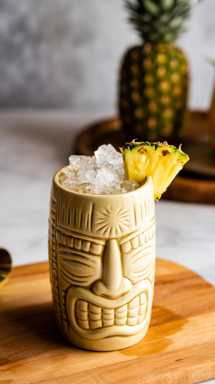 A Tiki Mule cocktail in a light-colored ceramic tiki mug with an embossed pattern, garnished with a pineapple slice, sitting on a light wooden board with a whole pineapple in the blurred background.