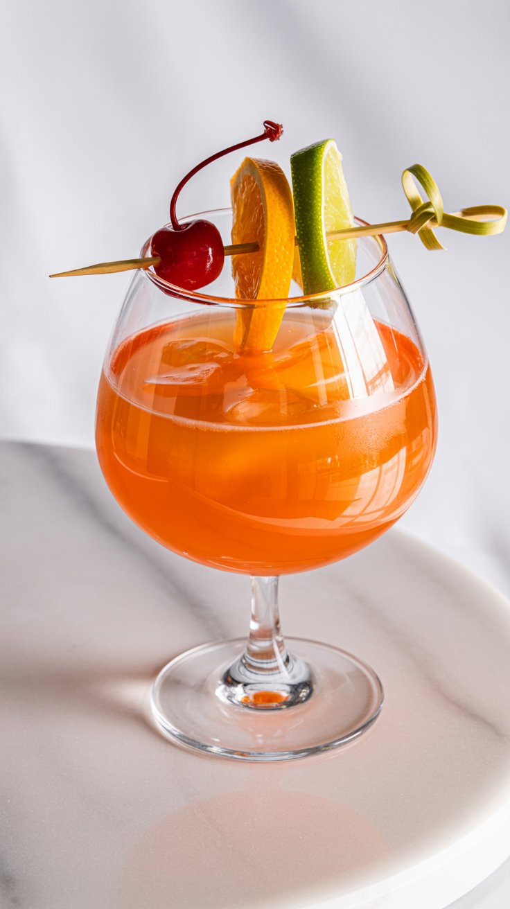 A vibrant orange Tiki Punch cocktail in a large, stemmed glass, garnished with an orange slice, a lime slice, and a red maraschino cherry on a bamboo skewer, set on a white marble surface.