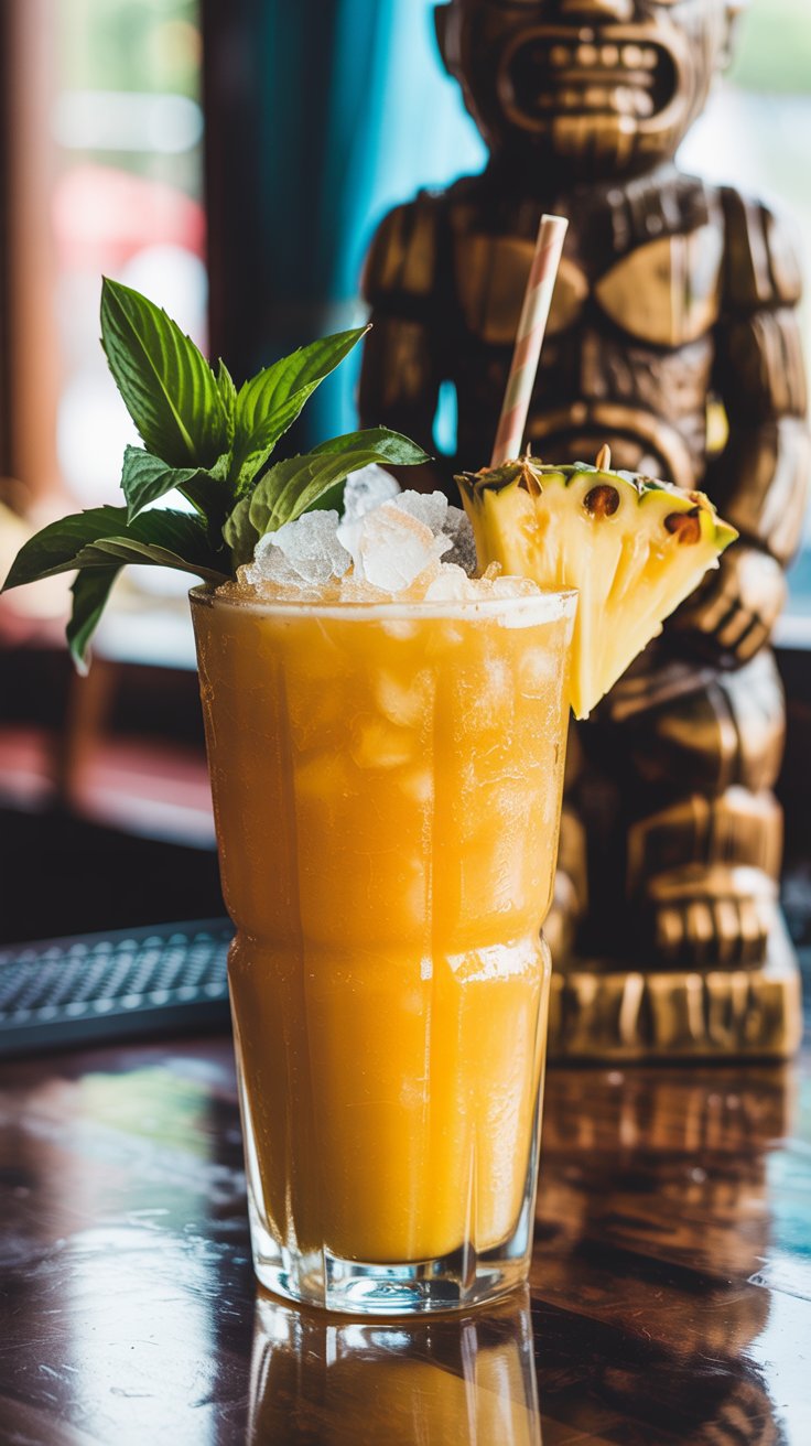A tall, orange-yellow Tropical Itch cocktail in a bamboo-shaped glass, topped with crushed ice, a sprig of mint, a pineapple wedge, and a straw, sits on a dark bar with a carved tiki object in the background.