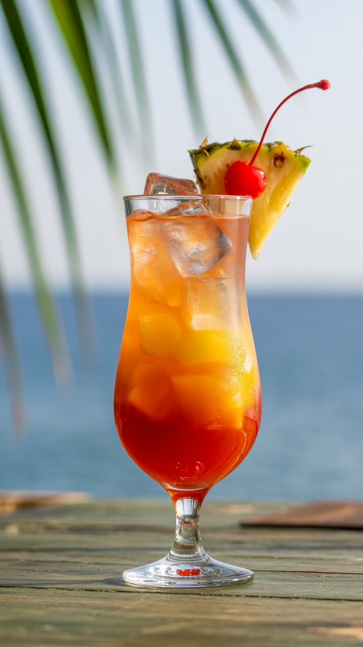 A vibrant Bahama Mama cocktail in a hurricane glass shows red, orange, and yellow layers, garnished with a pineapple wedge and a cherry, set on a beach bar with a blurred tropical background.