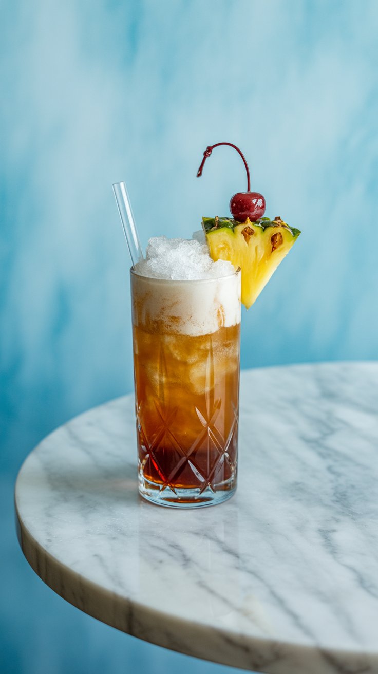 A layered Bali Hai cocktail in a highball glass with a frothy top, garnished with a pineapple wedge, dark cherry on a pick, and a straw, sits on a white marble table against a blurred blue background.