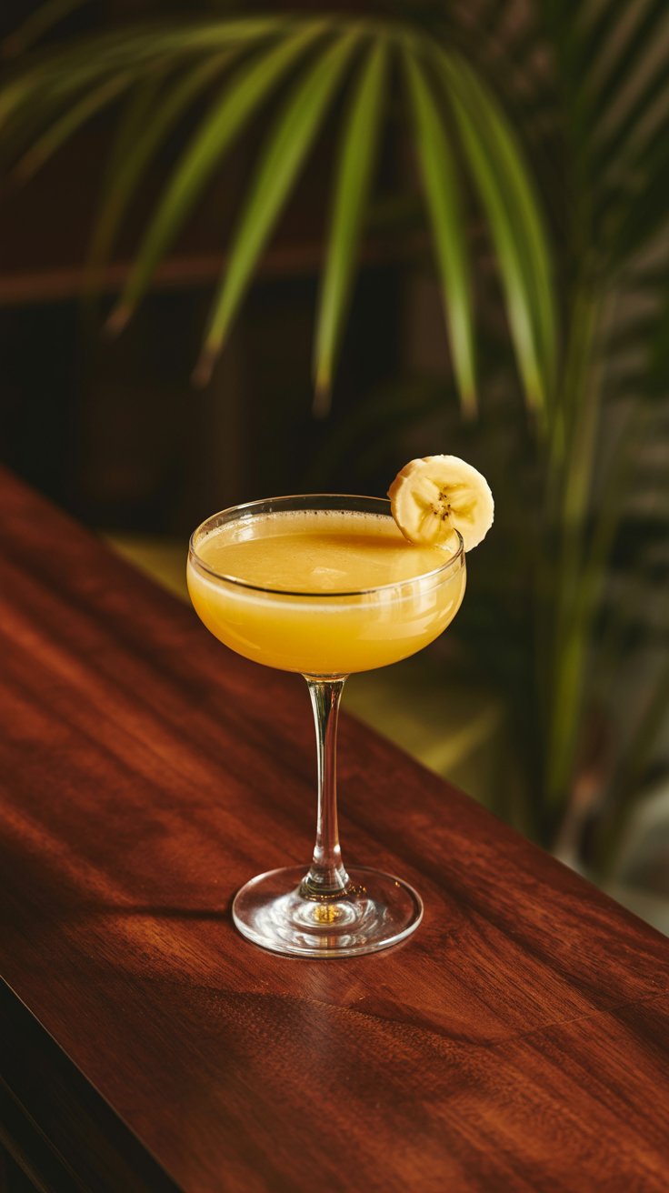 A golden-yellow Banana Daiquiri cocktail in a stemmed coupe glass, garnished with a banana slice, on a dark wooden surface with blurred green leaves in the background.