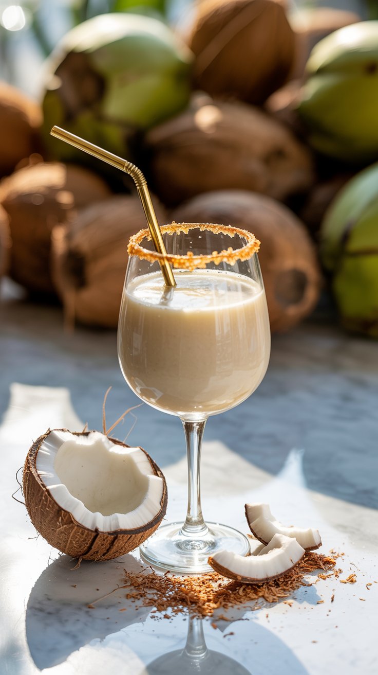 A creamy white Batida de Coco cocktail in a coconut-rimmed goblet with a gold straw, surrounded by broken coconut shells and flakes on a light surface, with more coconuts in the background.