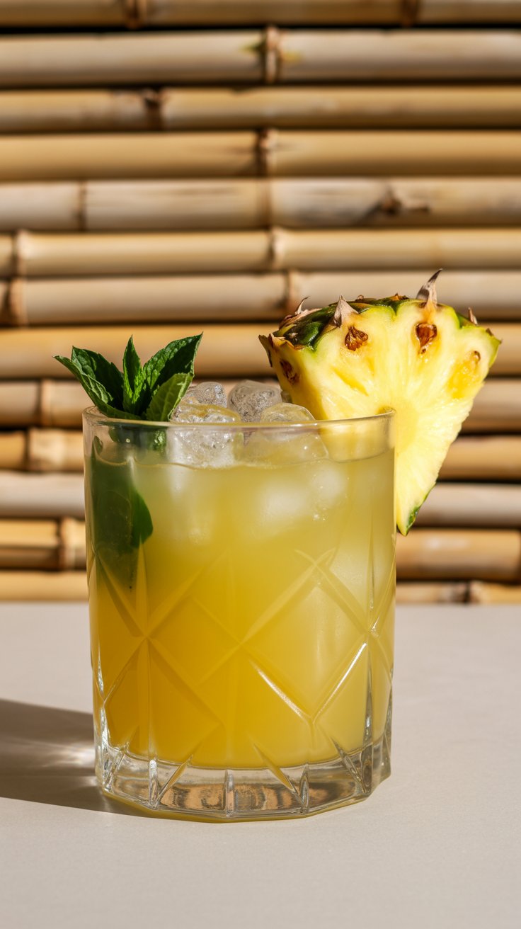 A bright yellow Caribbean Cooler cocktail in a glass with ice, garnished with a pineapple wedge and mint, on a flat surface with a slatted bamboo background.