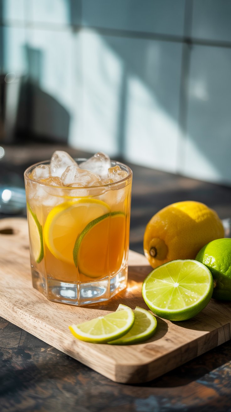 A refreshing citrus daiquiri cocktail in a glass with crushed ice, lime and lemon, on a wooden cutting board with fresh limes and lemons on a dark countertop.