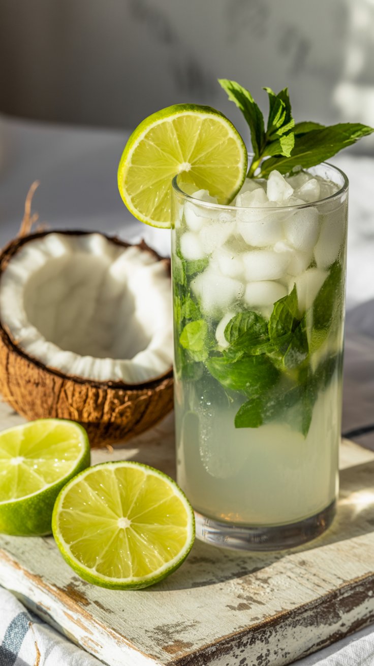 A clear glass of Coconut Mojito with ice, lime, and mint sits on a wooden board next to whole and halved coconuts and lime halves, with a blurred background.