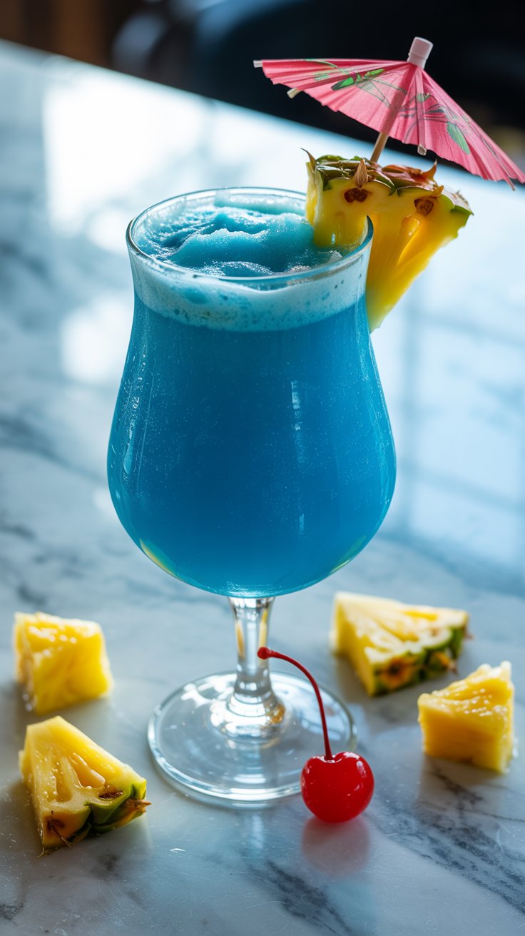 A vibrant blue frozen Hawaiian cocktail in a stemmed glass, garnished with pineapple, and a pink umbrella, surrounded by pineapple pieces, and a cherry, on a light countertop.