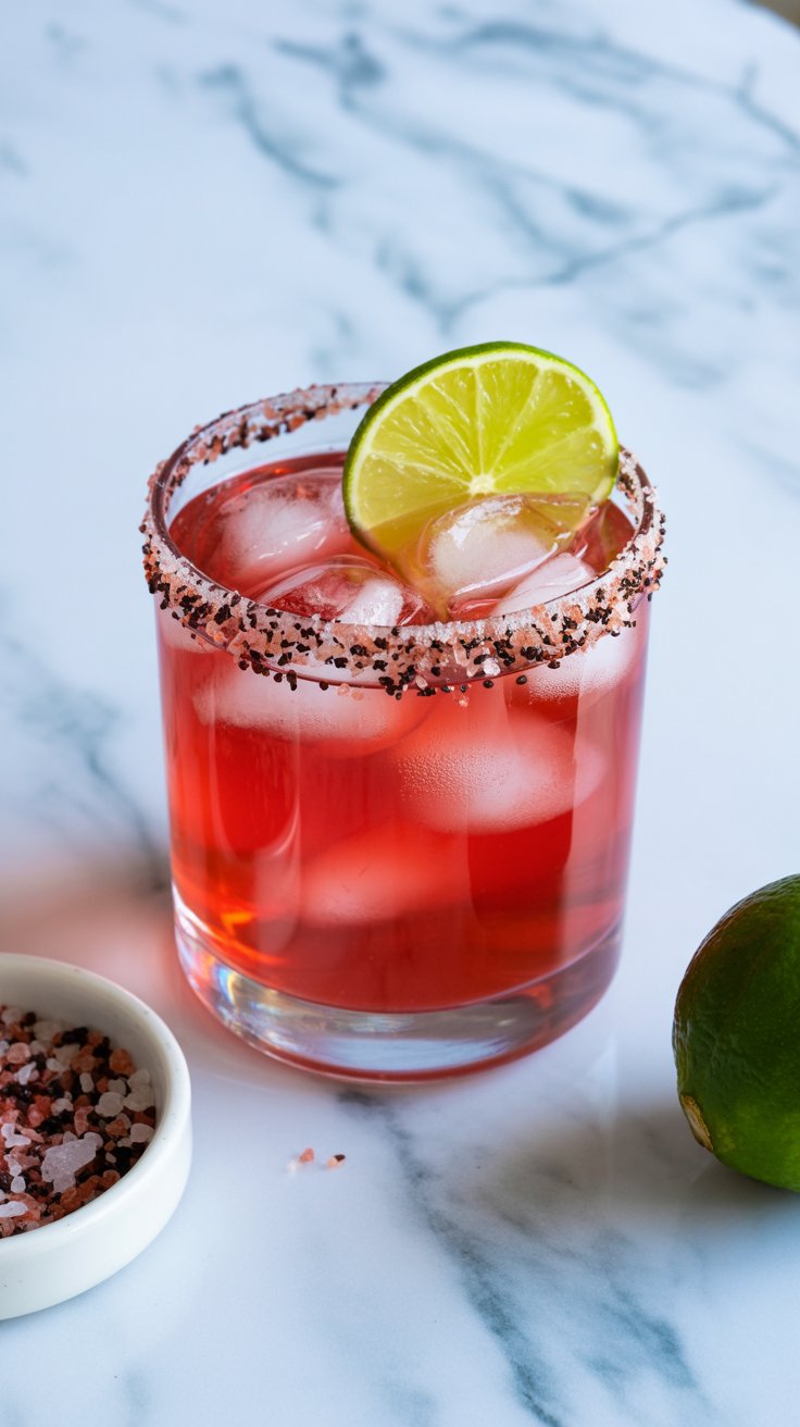 A vibrant pink Hibiscus Margarita cocktail in a wide glass with a dark salt rim and a lime wheel garnish, sits on a white marble surface with a bowl of salt and a whole lime beside it.