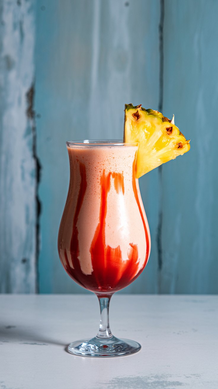 A vibrant Lava Flow cocktail in a hurricane glass with red and creamy layers, garnished with a pineapple wedge, against a light blue textured background.