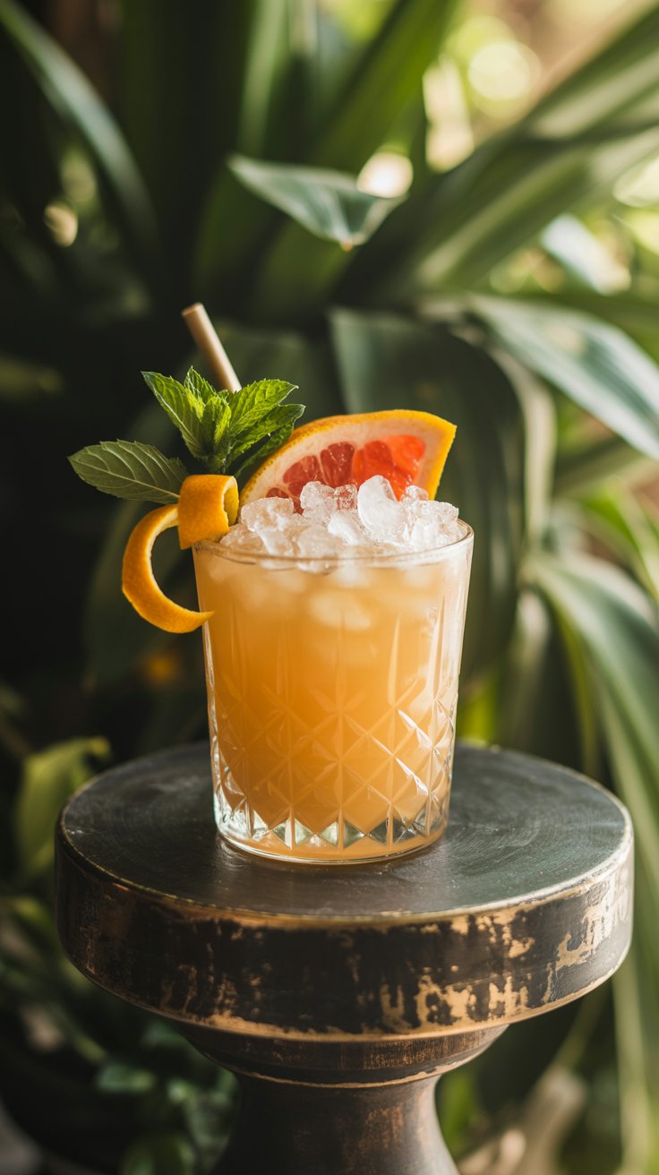 A Mai Tai Swizzle cocktail in a textured glass with crushed ice, garnished with mint, grapefruit, and an orange peel, sits on a dark pedestal against a blurred green foliage background.