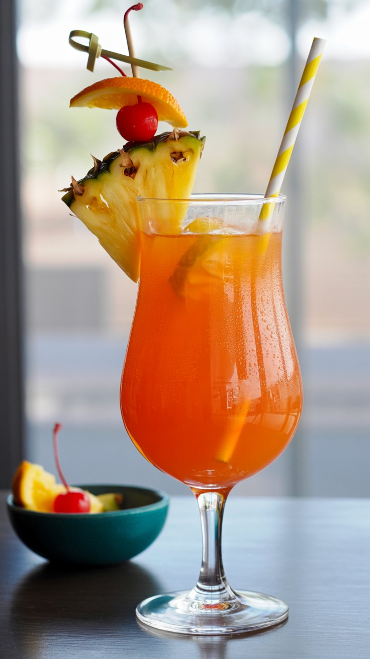 A vibrant orange Rum Punch cocktail in a hurricane glass, garnished with a pineapple wedge, orange slice, cherry, and a striped straw, with a small bowl of fruit to the left, against a blurred background.