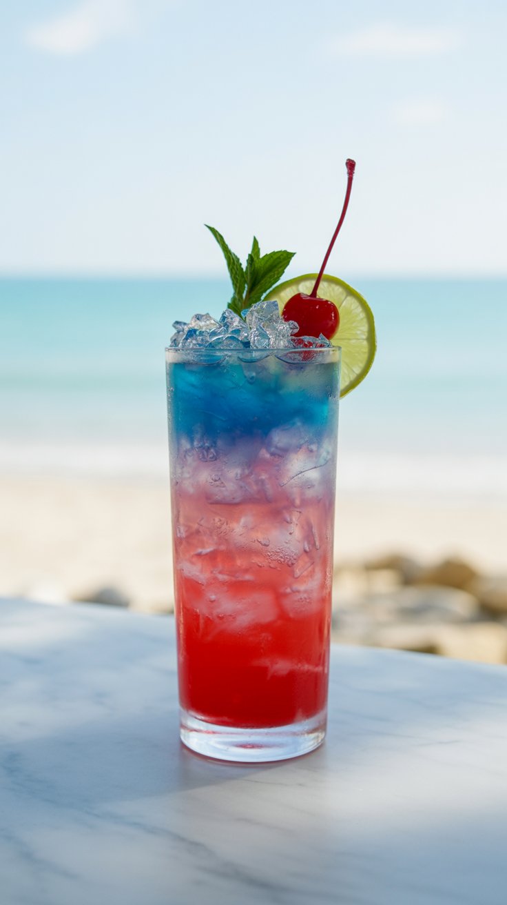 A "Shark Bite" cocktail in a tall glass displays vibrant red, purple, and blue layers with crushed ice, garnished with mint, a cherry, and a lime slice, against a blurred background of a tropical scene.