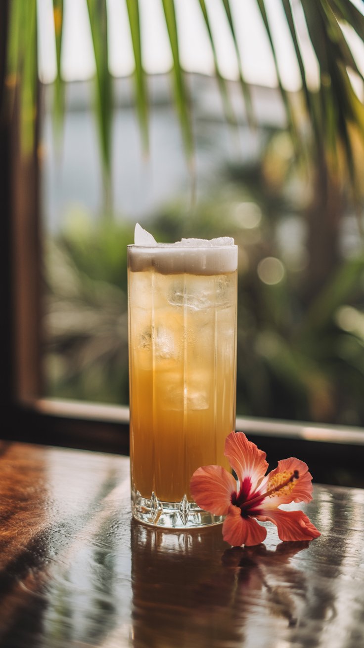 A light yellow Tropical Fizz cocktail in a tall glass with a textured base, on a wooden surface in front of a window with a tropical background.